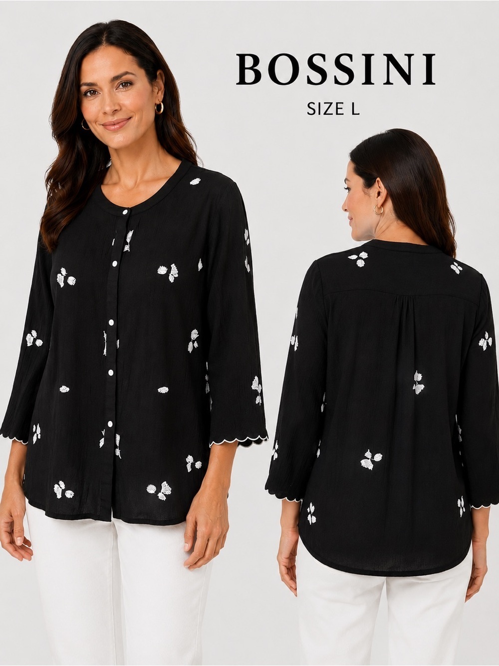Bossini Black Embroidered romantic feminine Button-Front Blouse - Size L